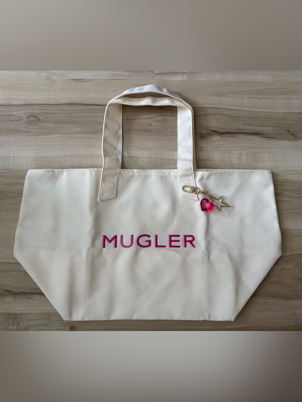 MUGLER Cream Tote with Pink Logo and Bag Charm
